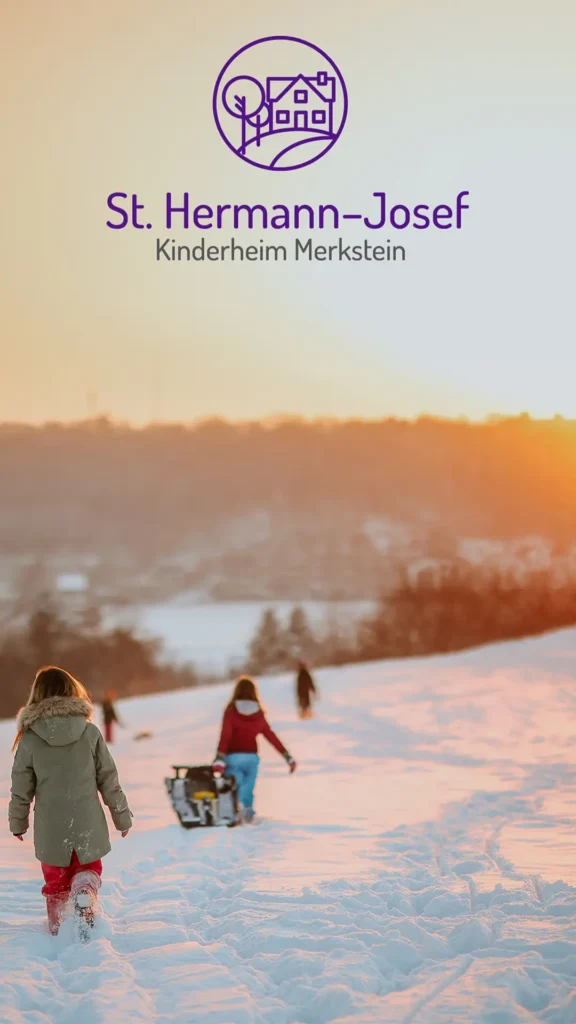 Logo des Kinderheims auf einem Bild auf dem Kinder durch Schnee laufen